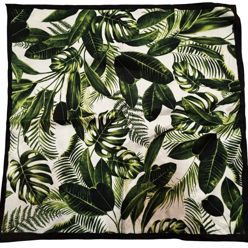 Silky scarf neckerchief 21" square black white & green jungle plants print